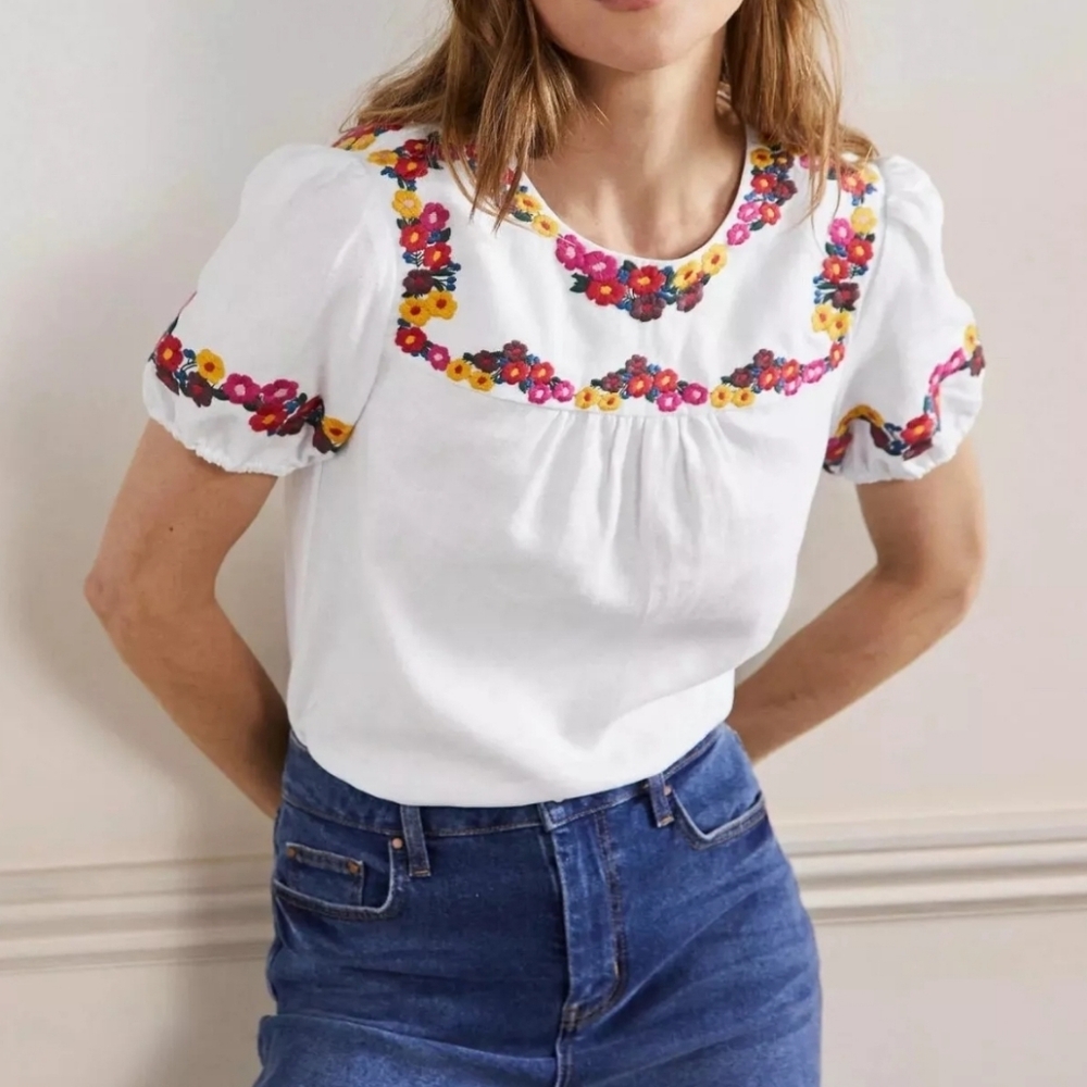 Boden White Blouse with Floral Embroidery